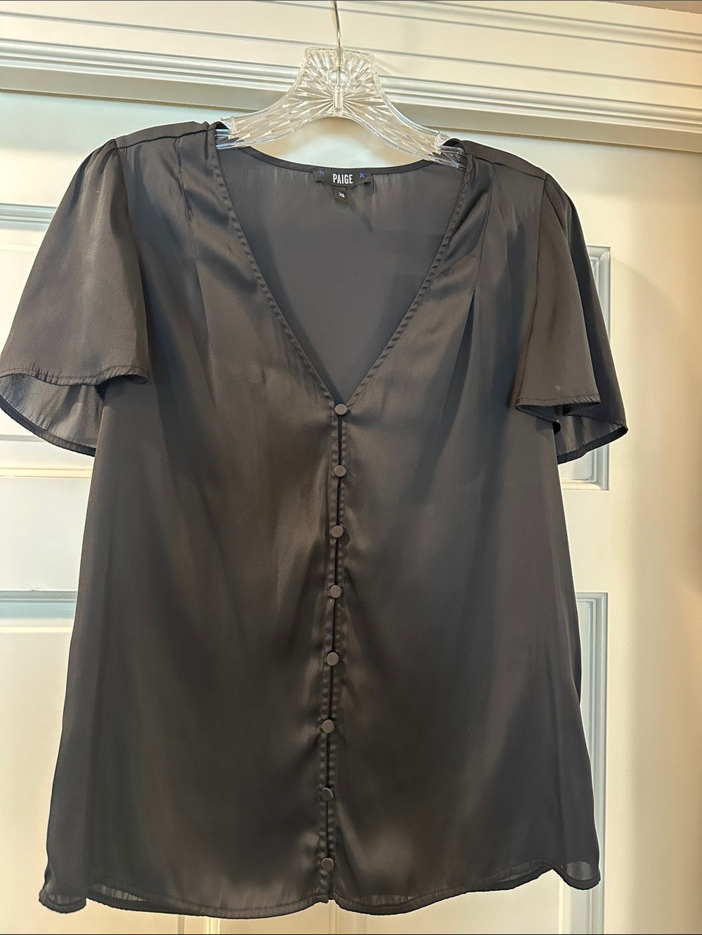 PAIGE Black Satin V-Neck Button-Front Blouse